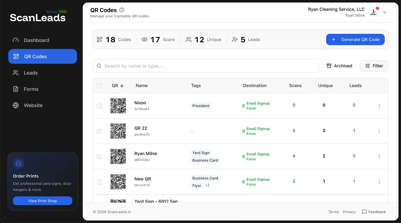 ScanLeads QR code management